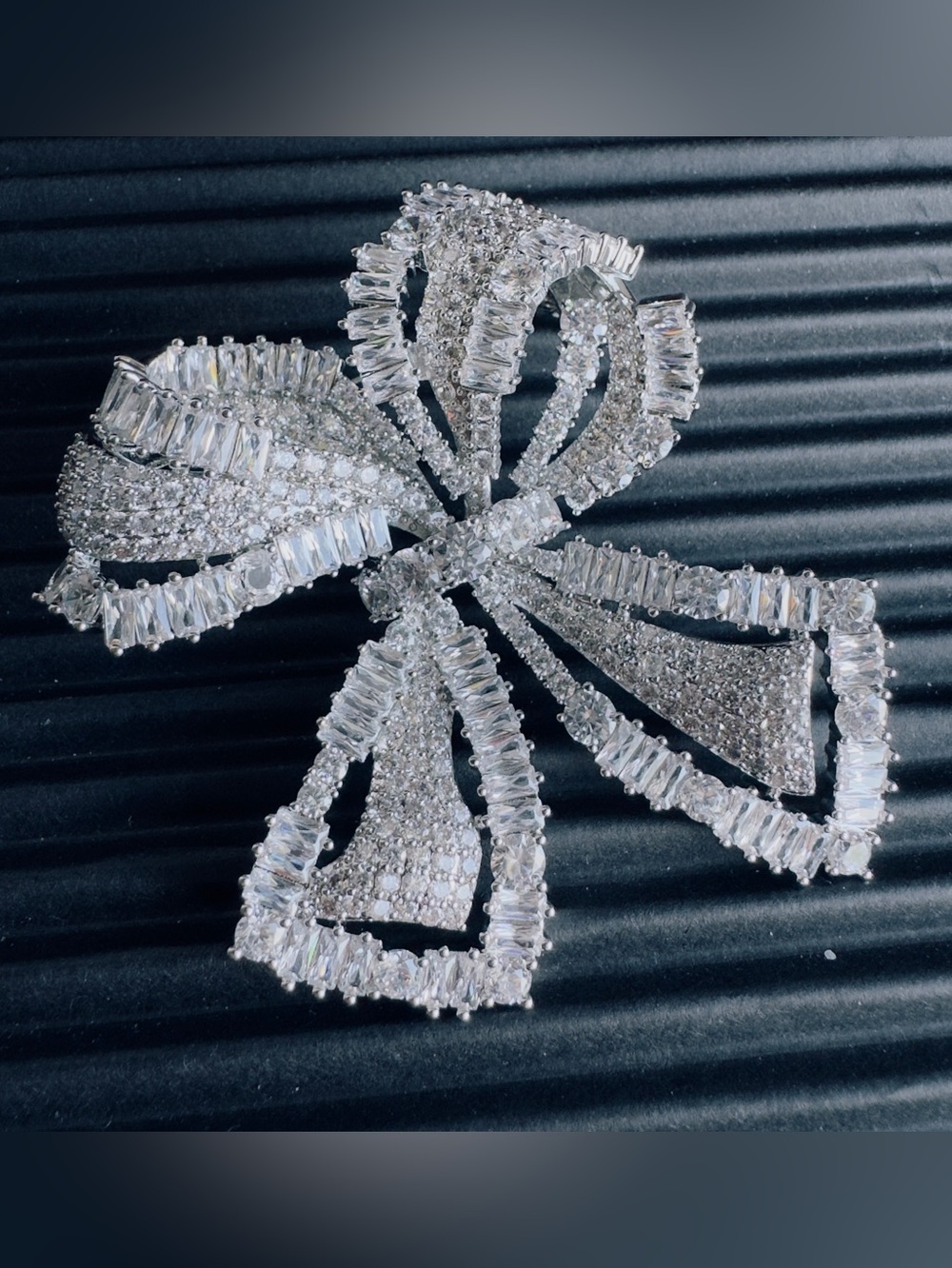 Crystal Bow Statement Brooch - Silver Tone